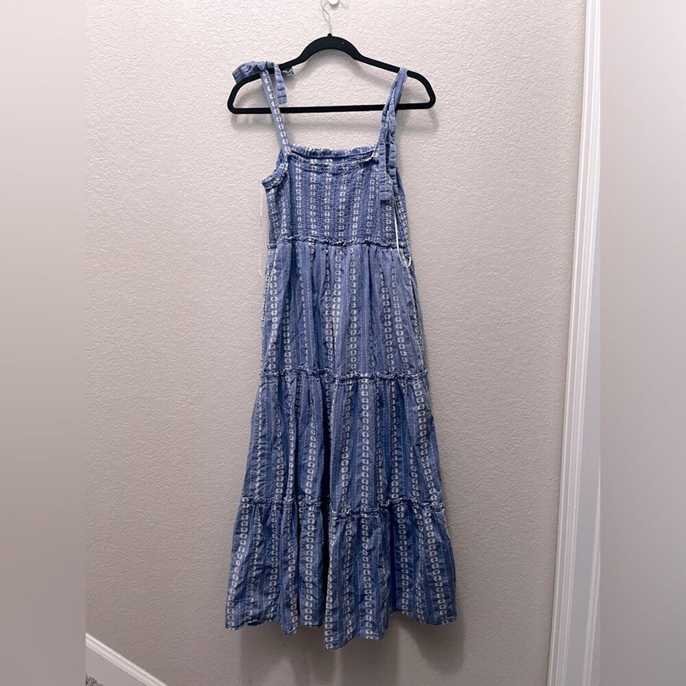 DRAPER JAMES L CHAMBRAY BLUE EMBROIDERED TIERED MAXI BOW STRAP SMOCK DRESS TRAD - Picture 5 of 6